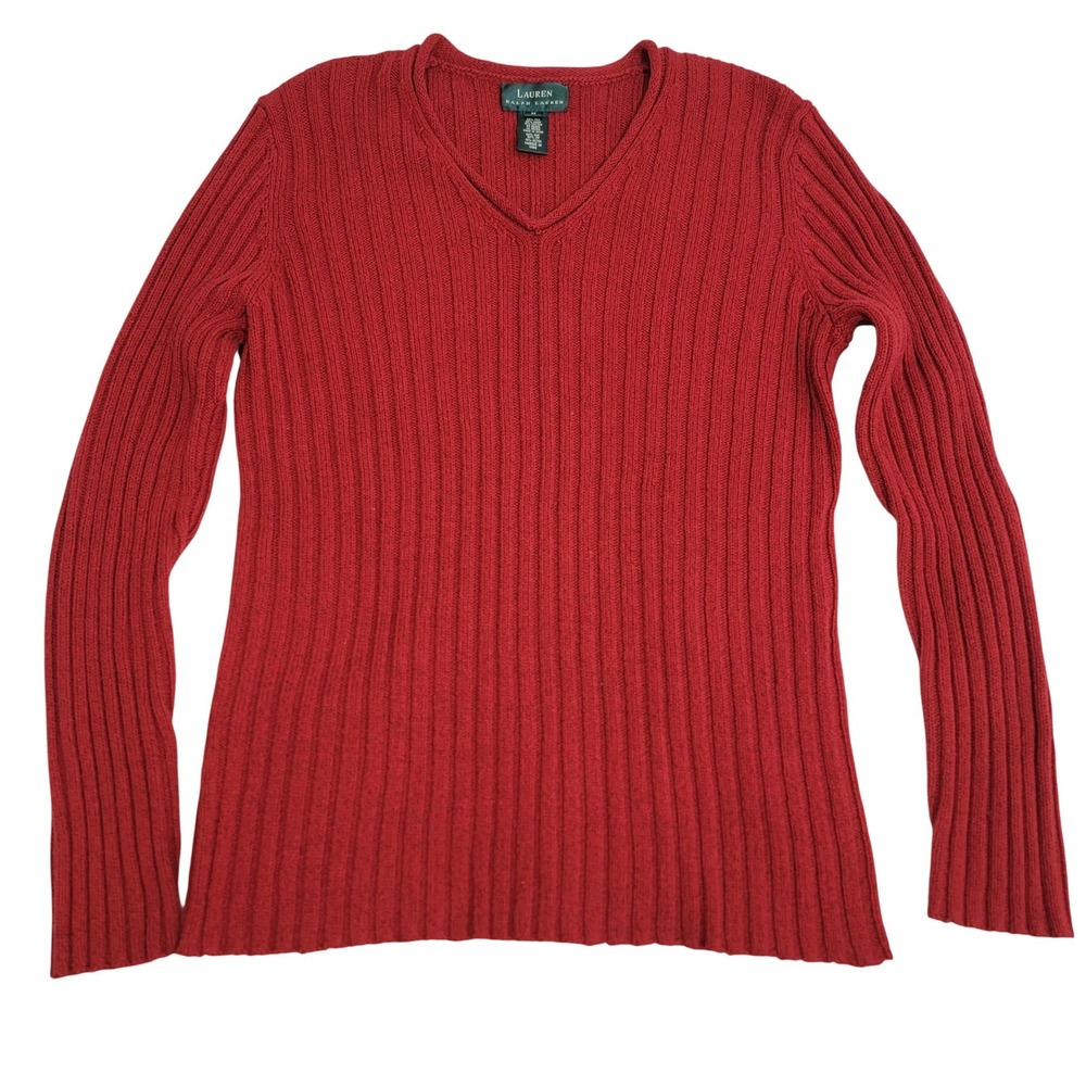 VTG Lauren Ralph Lauren‎ Red Silk Linen Cotton Ribbed V-Neck Sweater Women's M